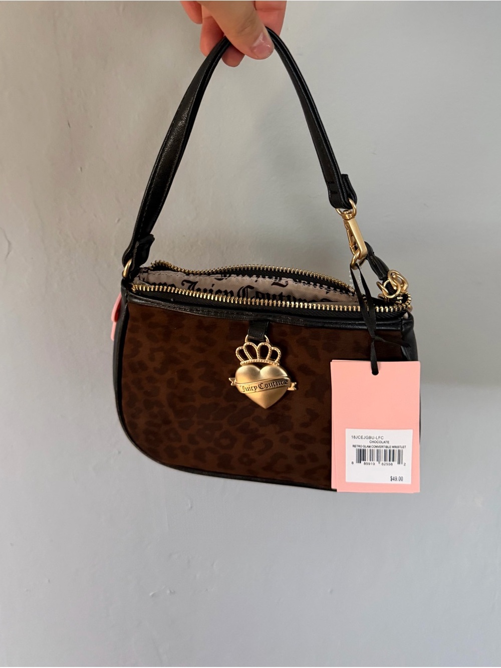Juicy Couture Brown Leopard Mini Shoulder Bag with Black Strap & Gold Hardware